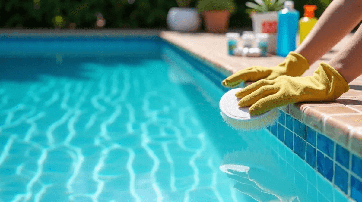 Professional pool stain removal and tile brushing